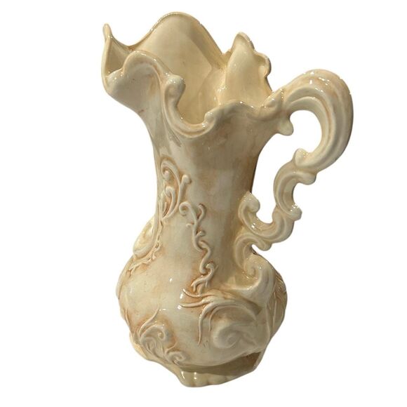 Vintage Ornate Capodimonte Italian Style Large White And Beige Tall Pitcher Vase - Picture 2 of 8